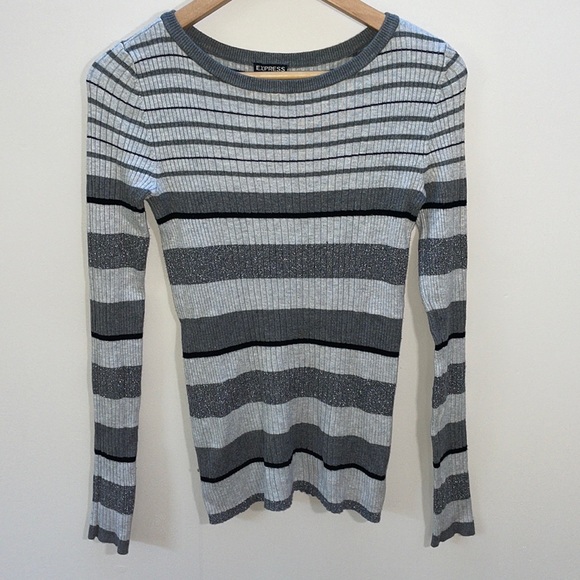 NWOT Express Knit Sweater Medium Striped Metallic Gray - Picture 1 of 10